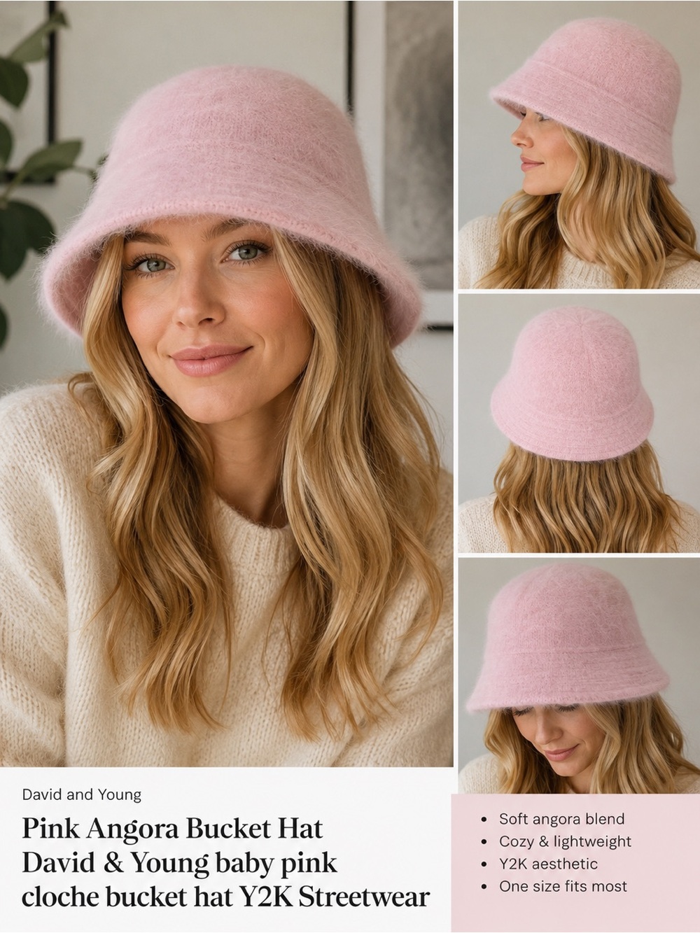 Pink Angora Bucket Hat David & Young baby pink cloche bucket hat Y2K Streetwear